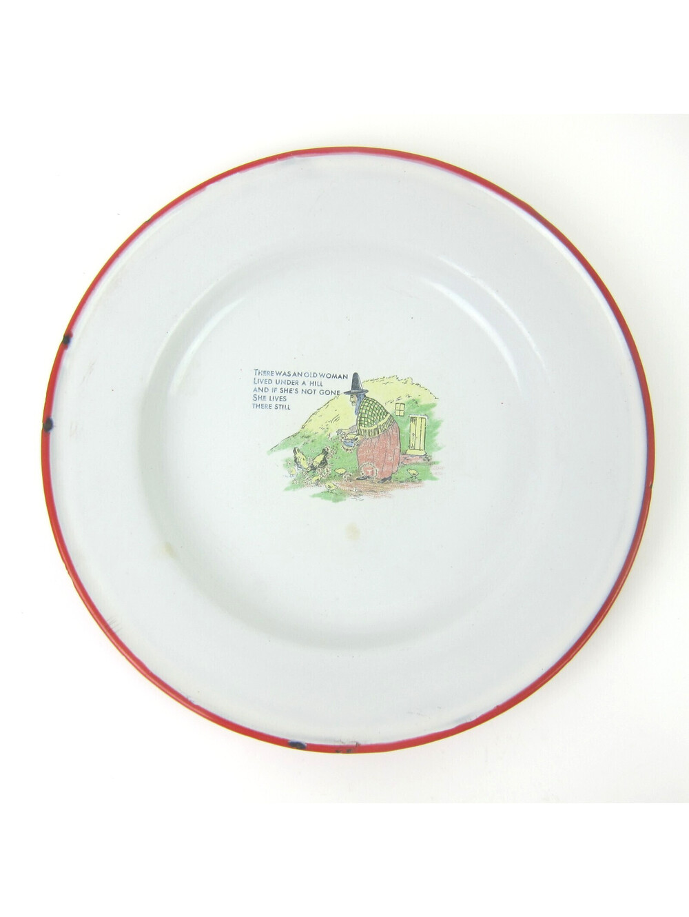 Vintage Enamelware Plate Red Nursery Rhyme Old Woman Under A Hill Kockums Sweden